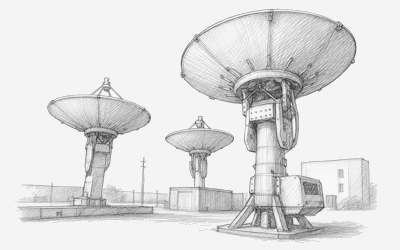工业场地中的三座大型卫星跟踪天线，后方有建筑和设备