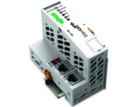 Gray industrial bus coupler module with vented housing and front terminal openings for EtherCAT I/O connectivity