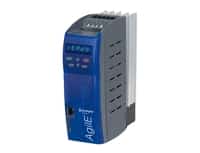 Blue and gray industrial AC drive module for motor control with front display and side ventilation slots