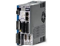Side view of an AC servo drive with front connectors and a vented metal housing