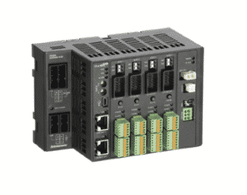 Modular industrial drive module with multiple front connectors, ports, and terminal blocks