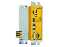 Yellow and gray servo drive module with front connectors for controlling a motor