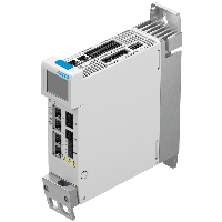 白色 EtherCAT 伺服驱动器，带前置端口和侧面散热片，用于电机控制