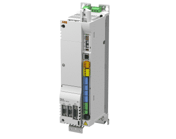 Vertical servo drive with front connectors and status labels on a white background