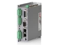 Silver AC servo drive with green terminal blocks and front connectors on a white background