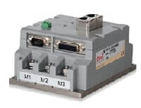 EtherCAT servo drive with three front connectors and a green terminal block for motor control