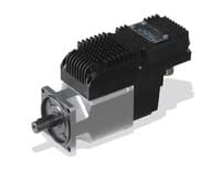 Integrated servo motor with black finned drive housing and protruding shaft for motion control