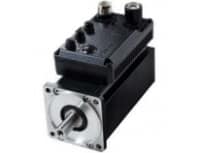 Black integrated servo drive with a silver front plate and protruding shaft on a white background