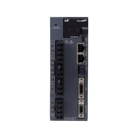 LS EtherCAT drive with terminal blocks, Ethernet ports, and connector ports