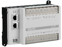 Gray industrial I/O module with Ethernet ports and terminal blocks for field wiring