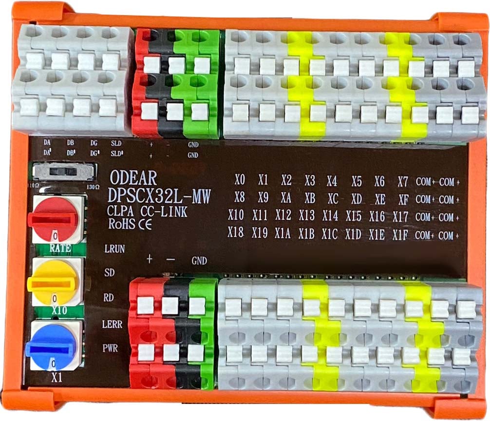 EtherCAT I/O module with terminal blocks and red, yellow, and blue rotary switches for field wiring
