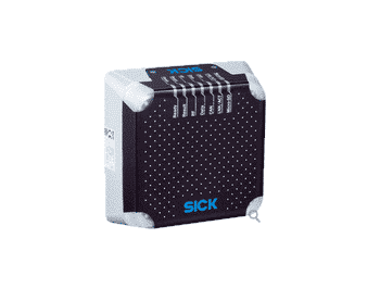Black and silver SICK RFID scanner module with a dotted front panel and rounded corner mounts