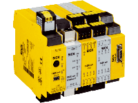 Yellow safety controller module with terminal blocks for industrial machine safety