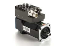 Compact integrated servo drive with cooling fins, circular motor end, and cable connector