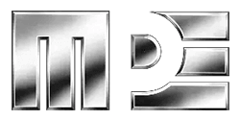 mpe logo with stylized metallic letters in a rectangular mark