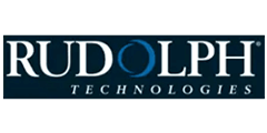 Rudolph Technologies logo with white lettering on a dark blue background