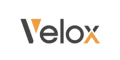 Velox logo with stylized black and orange text