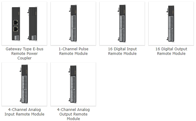 EtherCAT I/O 模块目录卡片，包括电源耦合器、脉冲、数字输入/输出和模拟模块