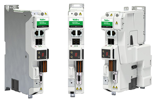 Nidec logo on a modular servo drive shown from three angles with ports, display, and wiring connectors