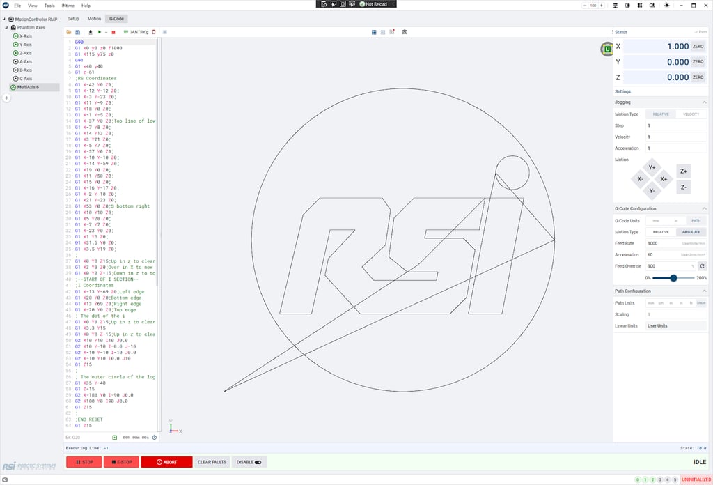Screenshot of a motion-control programming interface showing G-code, a toolpath preview, and axis settings