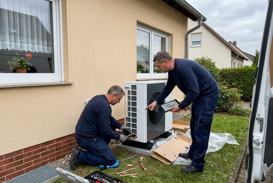 Einfamilienhaus im Sommer mit Wärmepumpe im Garten