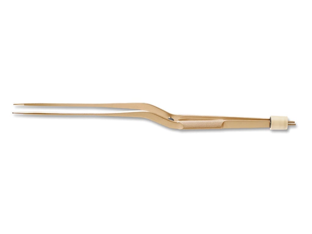 10 1/2” (26.7cm) Kirwan Round Handle Bayonet Non-Stick Bipolar Forceps With Stop, 1.0mm