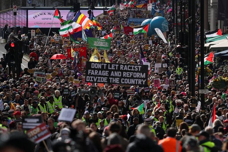 Image for Protesters march in London to oppose the rise of political right