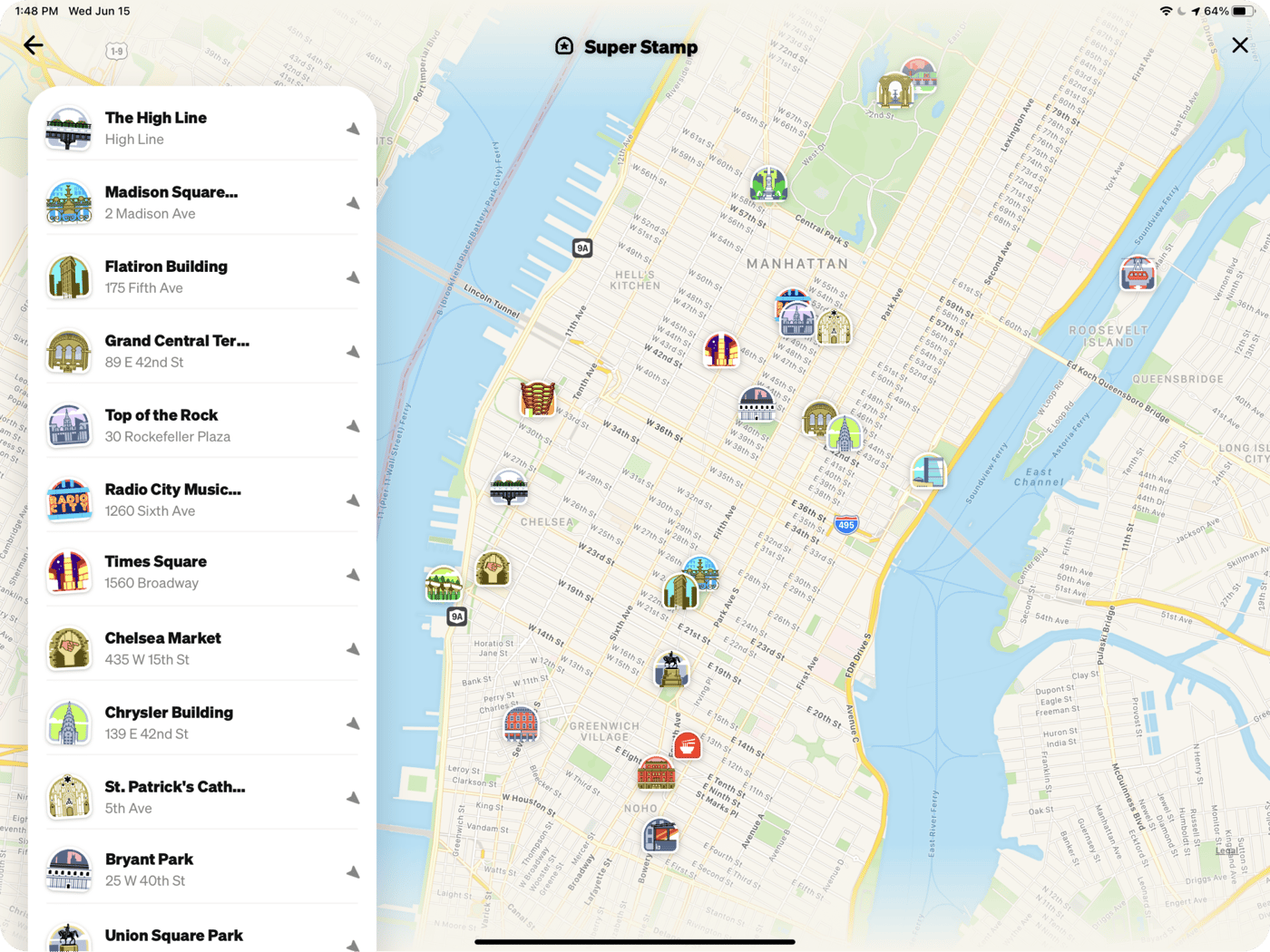 Screenshot of the World Creator app on iPad with map centered on New York City.