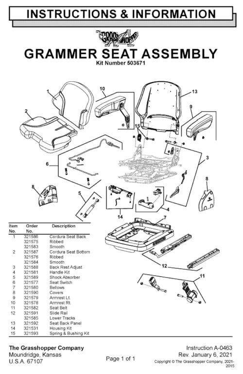Grasshopper Grammer Seat Parts Breakdown Diagram