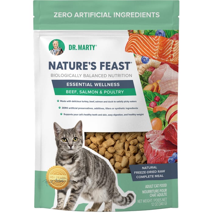 Dr. Marty Nature's Feast Essential Wellness Poultry, Beef, & Salmon Premium Freeze-Dried Raw Cat Food 12 oz Bag product detail number 1.0