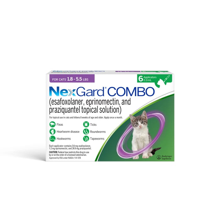 NexGard COMBO Topical Flea & Tick Protection plus Heartworm Disease Preventive for Cats -1.8-5.5 lbs. (Purple Box) - 6 Month Dose Pack product detail number 1.0