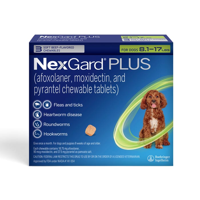 Nexgard Plus - Flea, Tick, & Broad Spectrum Prevention Chewable Tablet for Dogs 8.1 to 17 lbs. (Green Box) 3 Chews (3 Month Supply) product detail number 1.0