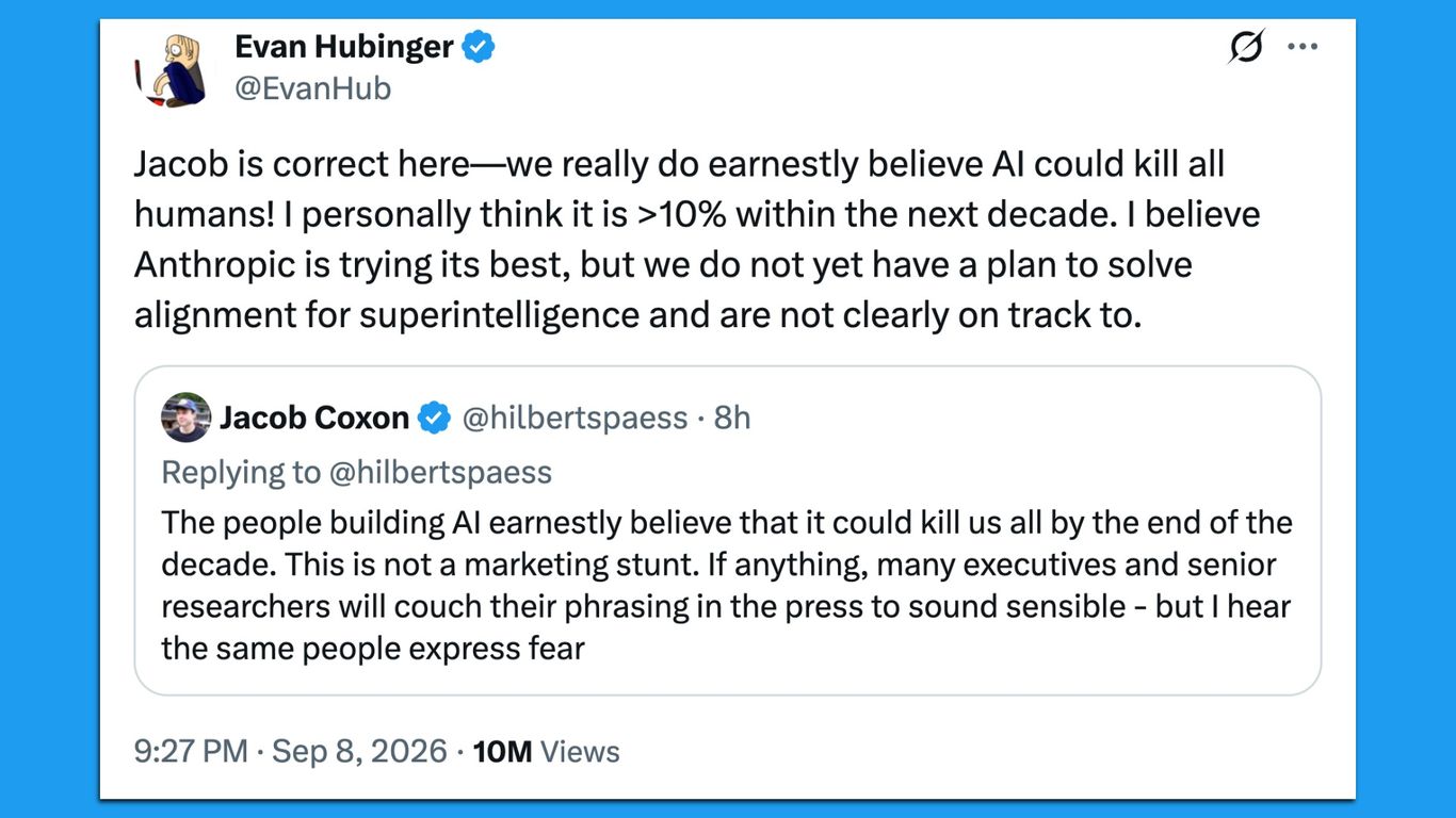Axios image for Anthropic insiders warn AI could kill all humans - Axios