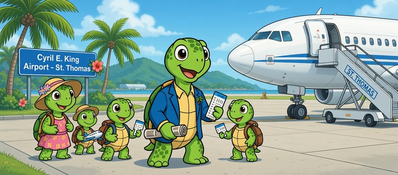 USVI News travel graphic for daily flight arrivals and departures in St. Thomas and St. Croix.