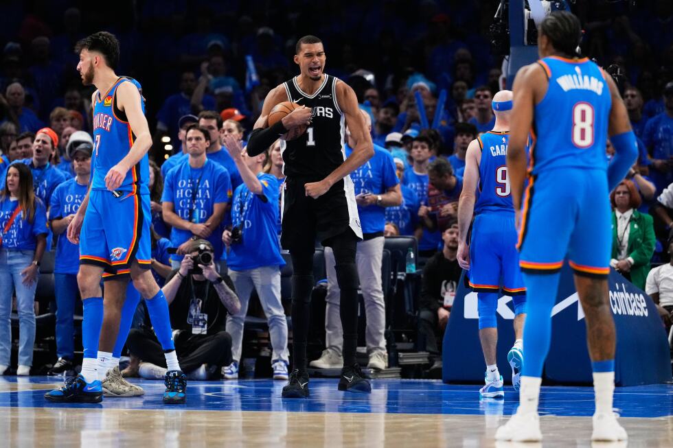 Associated Press image for Wembanyama has 41 points, 24 rebounds and Spurs top Thunder 122-115 in 2OT to open West finals - AP News