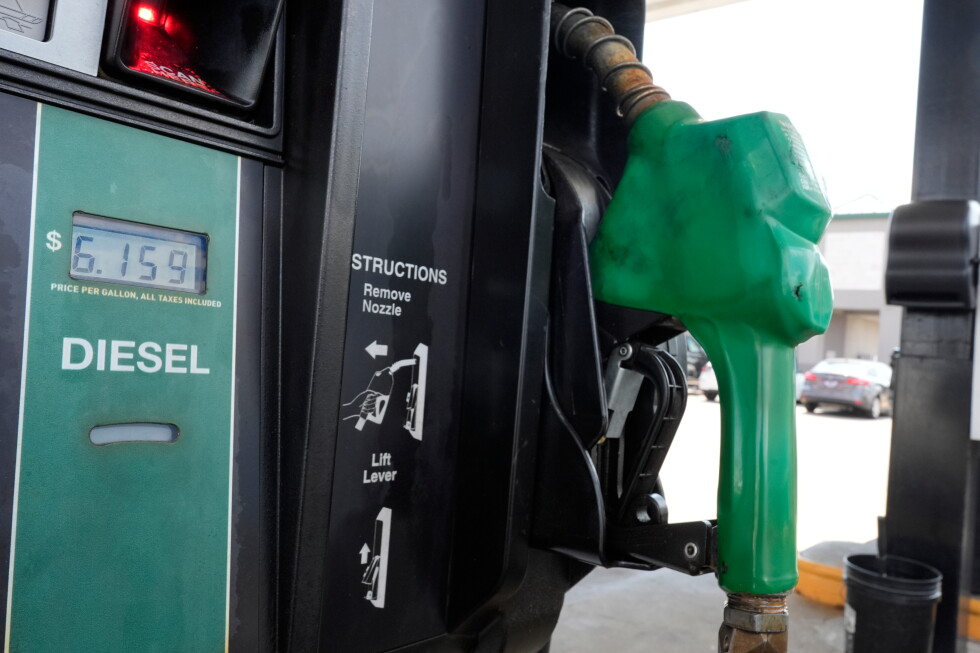 Associated Press image for US diesel prices soar past $6 a gallon, deepening strain for hauling everyday goods - AP News
