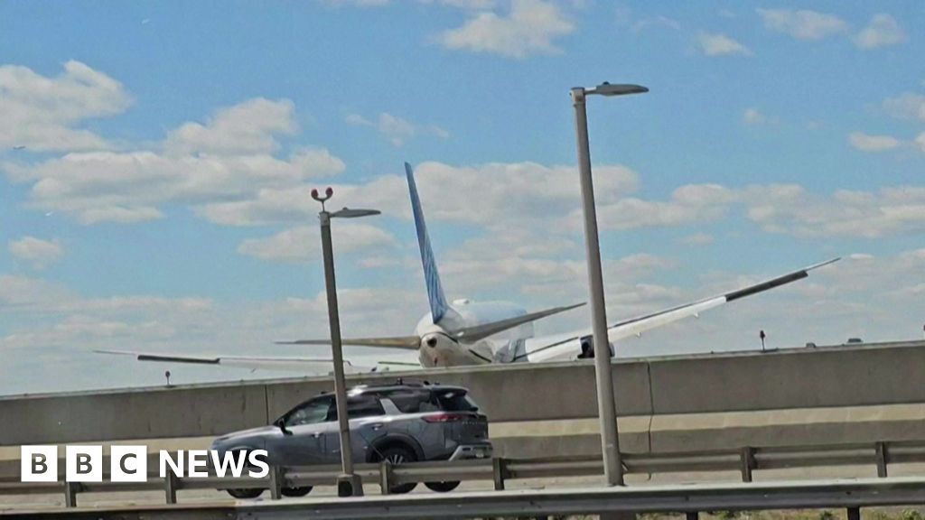 BBC News image for One injured after plane hits truck while landing in Newark - BBC