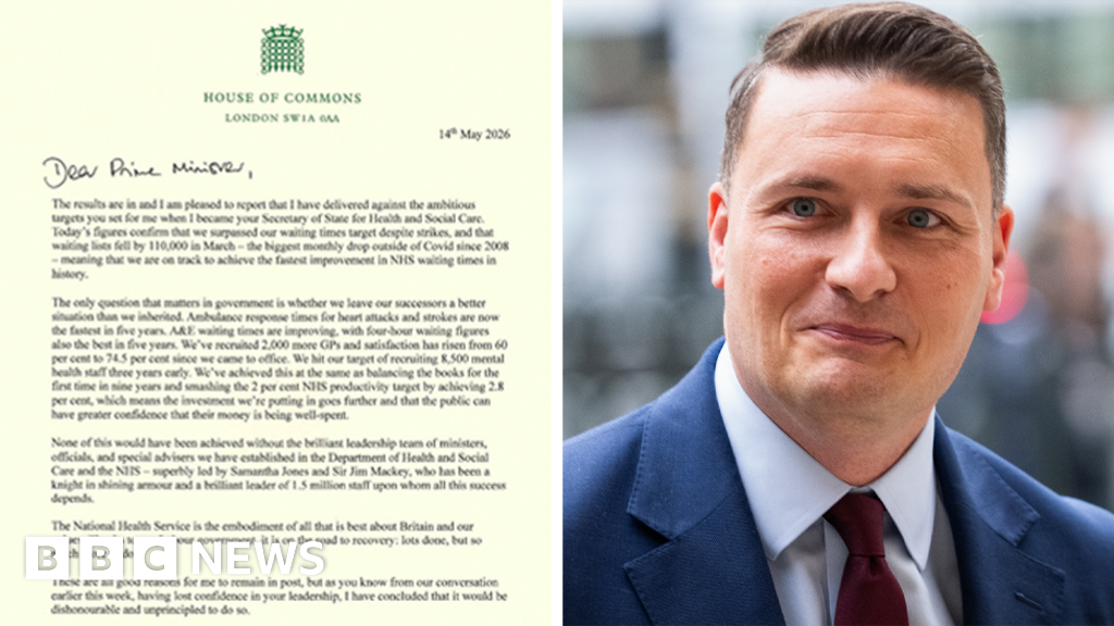 BBC News image for Wes Streeting resigns as health secretary - his letter in full - BBC