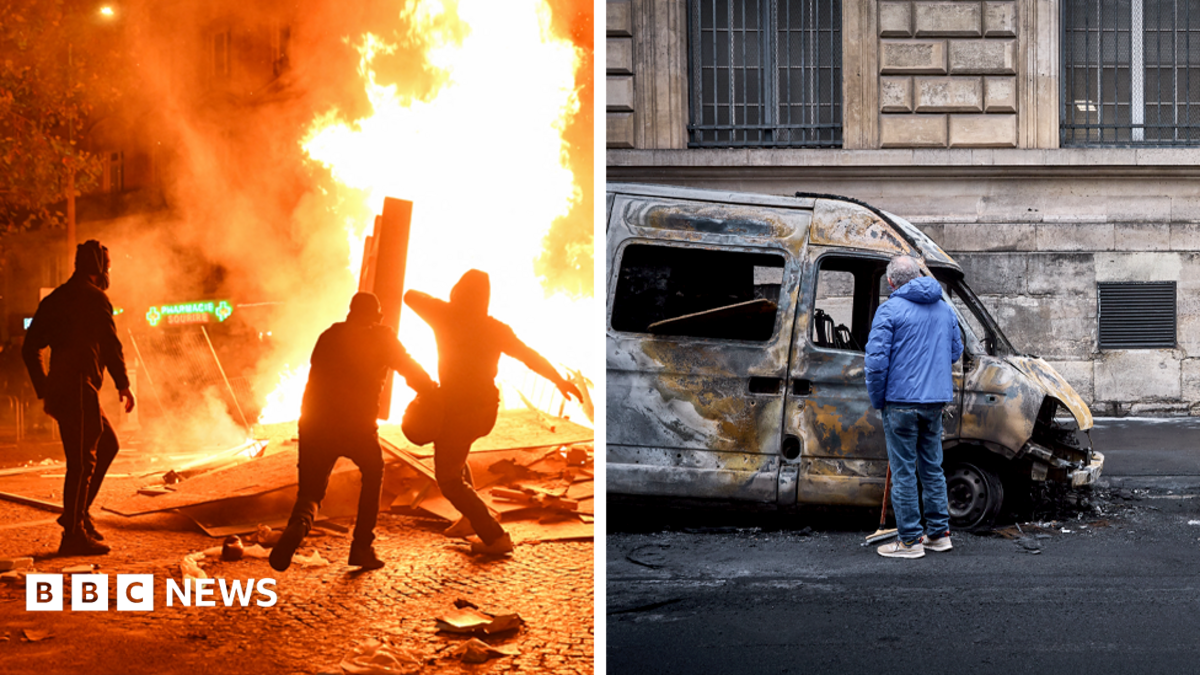BBC News image for Overnight curfews announced in parts of Paris and Nice after riots across France - BBC