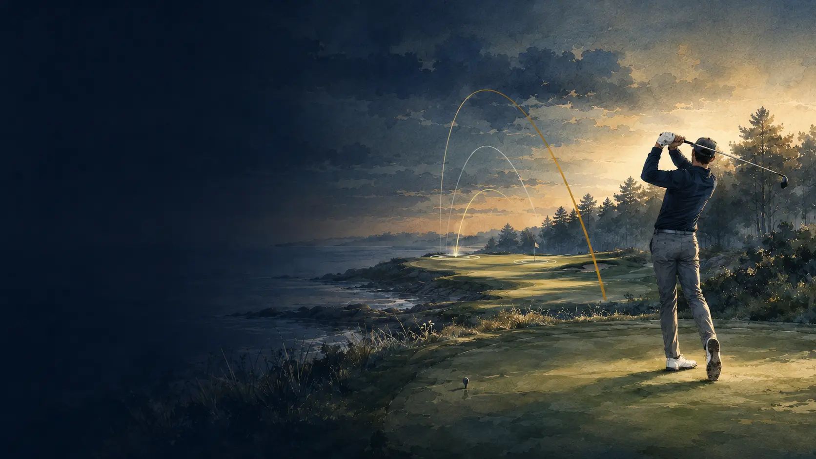 Golfer in follow-through met subtiel gevisualiseerde balvluchten naar de green.