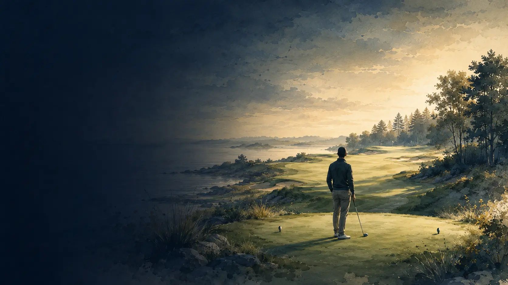 Beginnende golfer op de eerste tee met een open fairway voor zich.