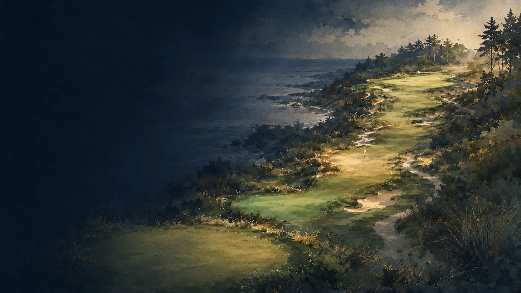 Golfbaan van afslag naar green als visuele route voor gerichte coaching.
