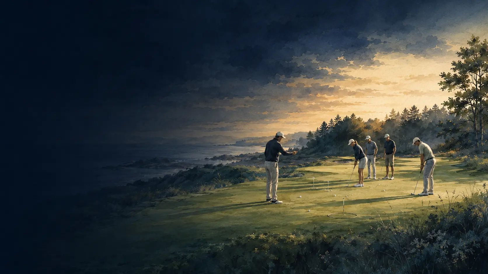 Kleine groep golfers tijdens een doelgerichte putting en shortgame training.