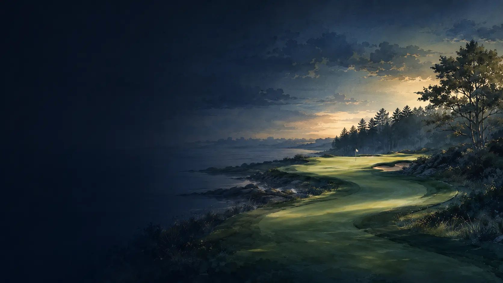 Golfbaan bij zonsopkomst met een duidelijke route naar de green.