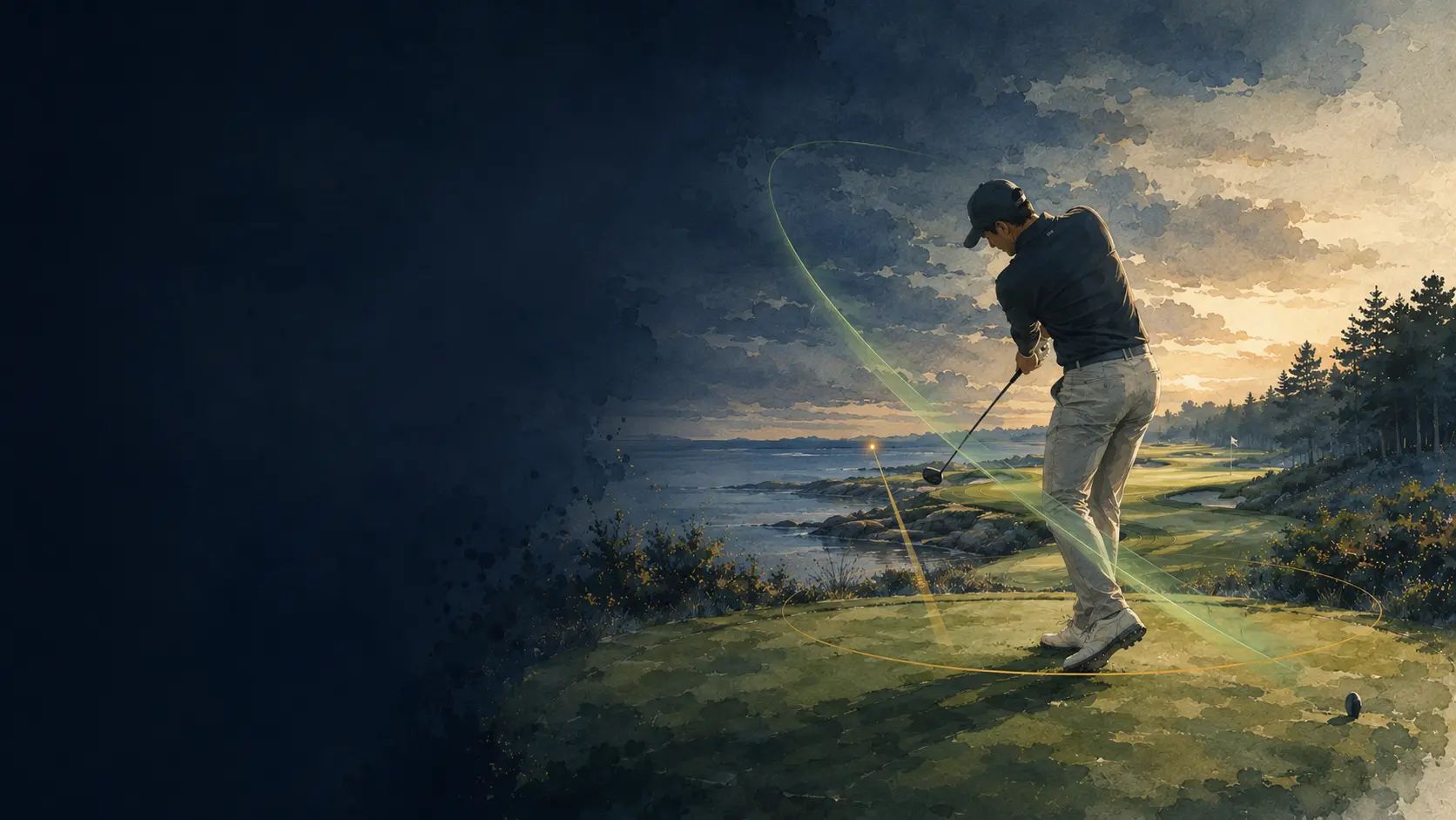 Golfer tijdens de swing met een subtiele analyse van clubpad en lichaamsrotatie.