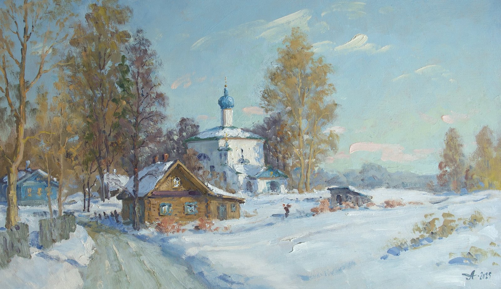 Старый Изборск, март, Александр Александровский — Масло, холст, 35 × 60 см