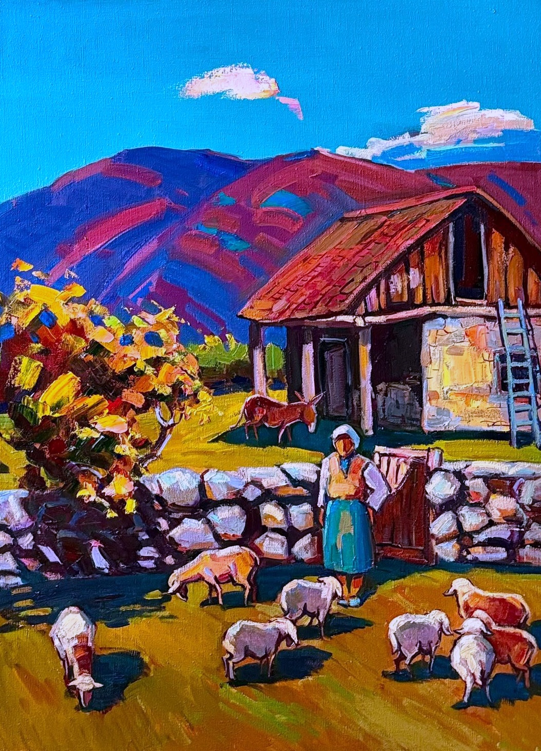 Shepherdess in a mountain yard, an oil painting by Mher Chatinyan
