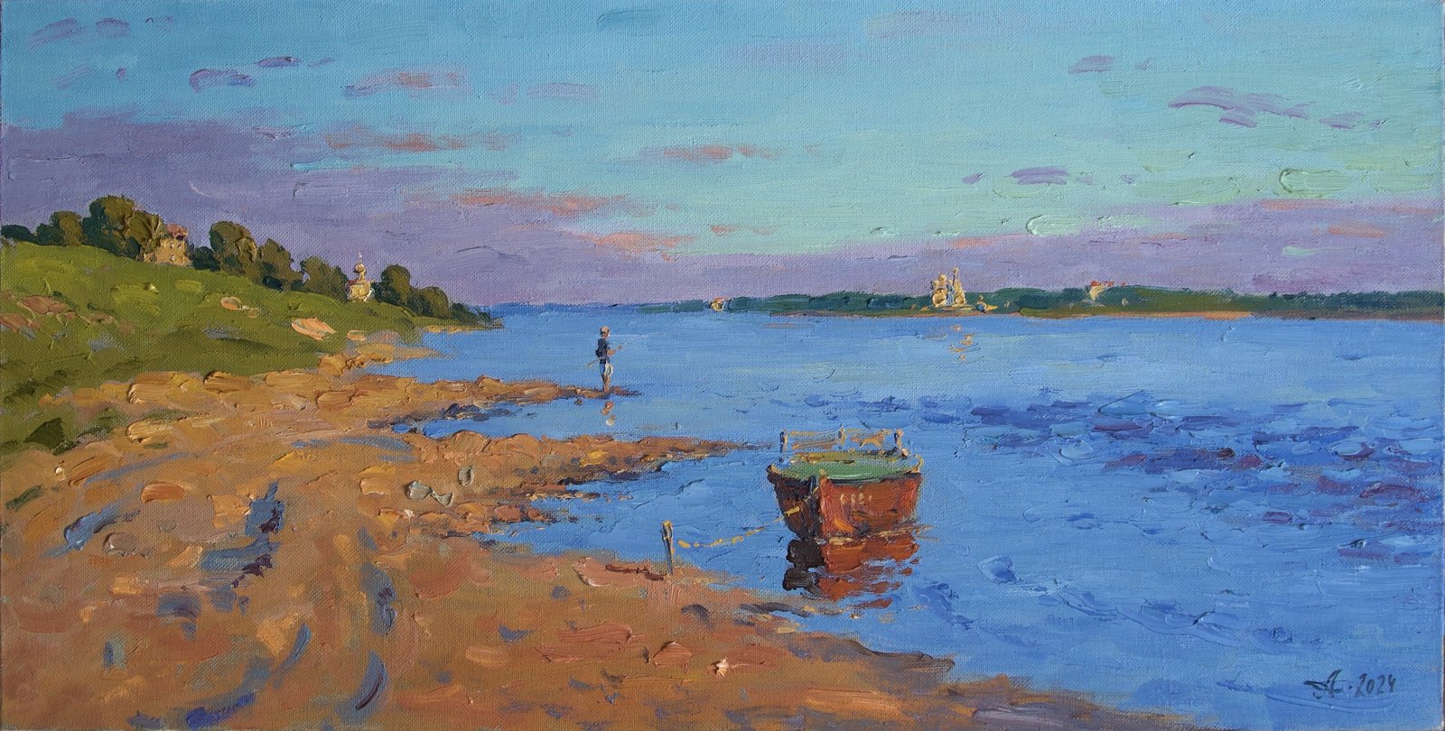 Вечер на Сухоне, Александр Александровский — Масло, холст, 30 × 60 см