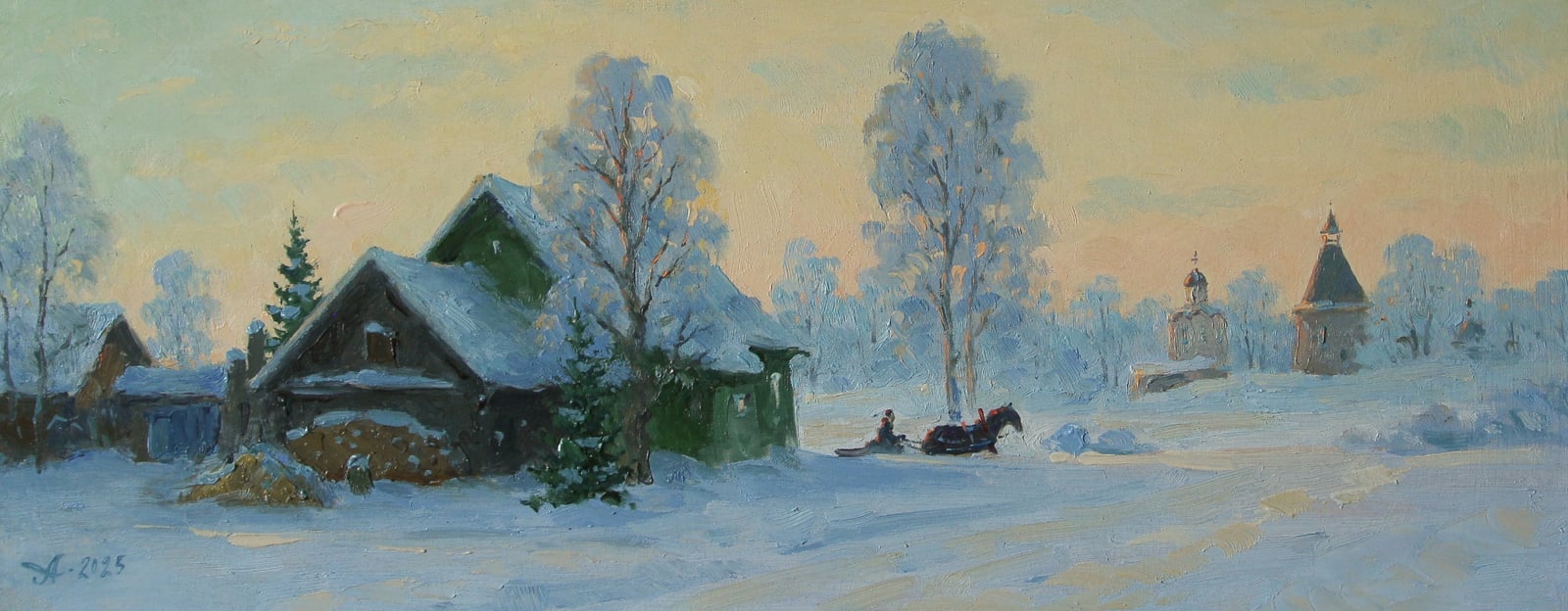 Старая Ладога. Мороз, Александр Александровский — Масло, холст, 20 × 50 см