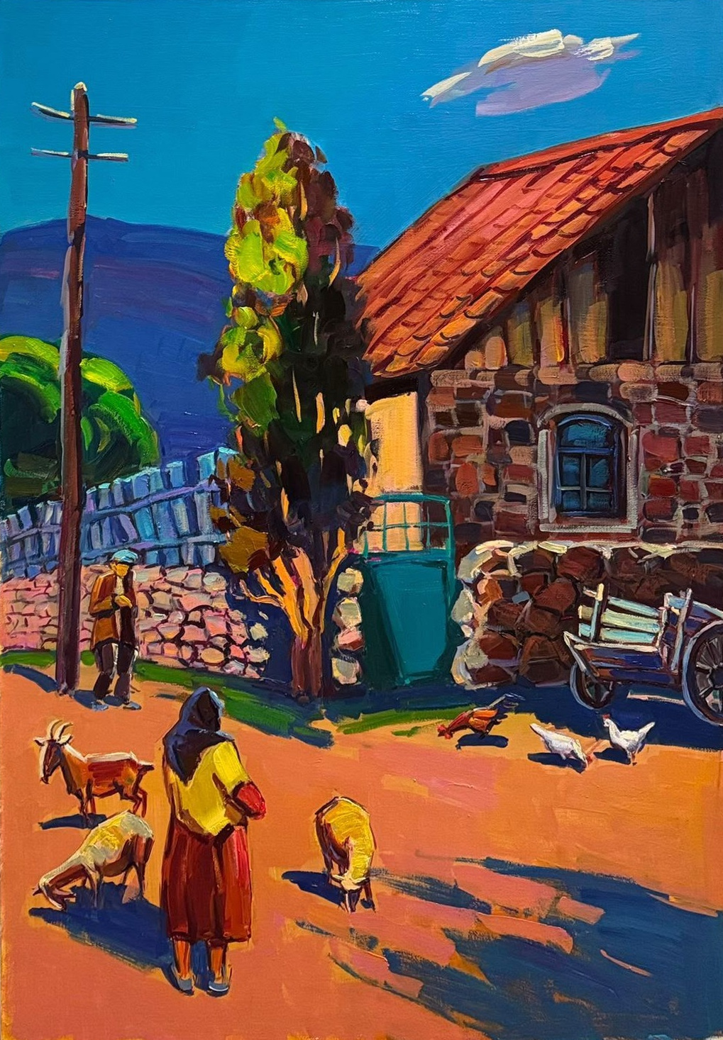 Rural scene with grazing animals and a village house by Mher Chatinyan